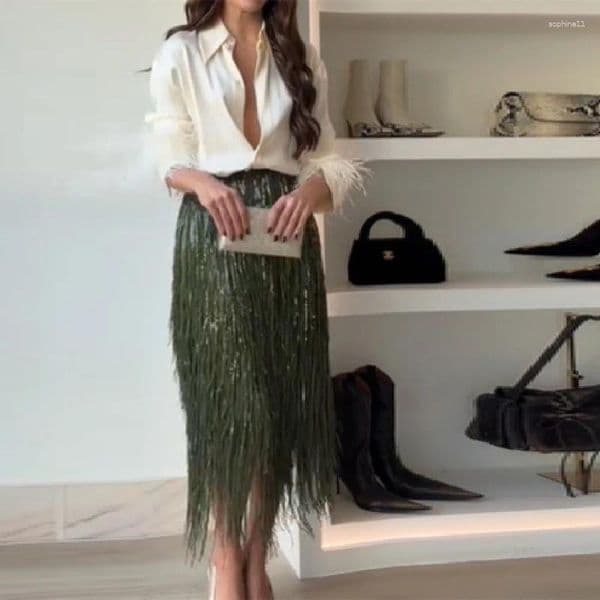 Skirts Fashion Green Tassel Skirt Loose Middle Length Straight Shiny Decoration High Waist Tube Women Party Eye-Catching Wear