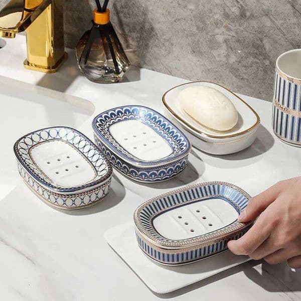 Simple Irregular Stripes Perforated Box Luxury Ceramic Household Drain Soap Dish Washstand Gargle Cup Bathroom Accessories 26L0130