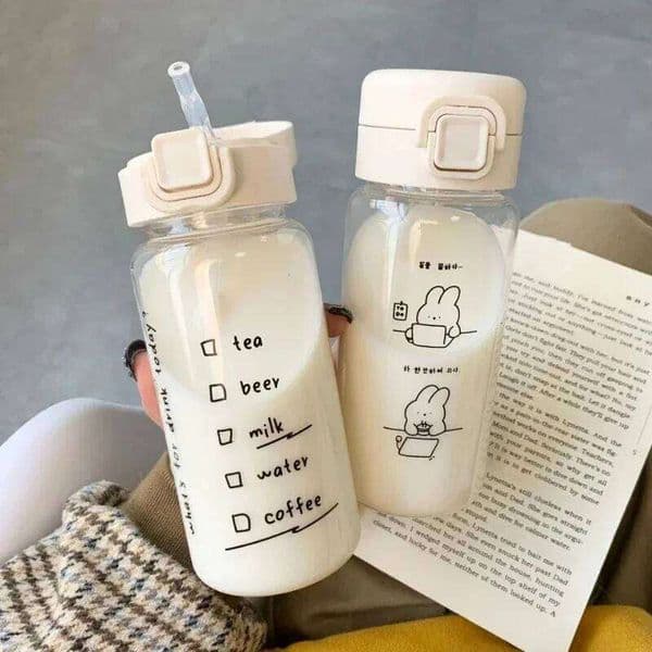 520ml Cute Plastic with Straw Cartoon Water Bottle Portable Leak-proof Drinkware for Drinking Milk Coffee Tea