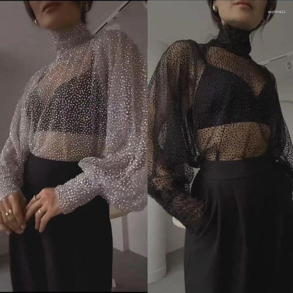Women's Sweaters 2026 Women Clothing Spring And Autumn Turtleneck Mesh Sequin Pullover Long Sleeve Base Shirt Woman