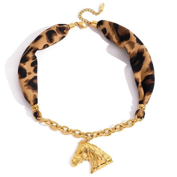 Youthway Horse Pendant Leopard Print Cloth Chain For Women 18K Gold Plated Stainless Steel Necklace Fashion Jewelry
