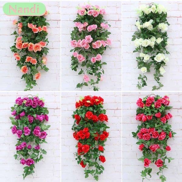 Artificial Flower Rattan Fake Plant Vine Wall Hanging Roses Flowers for Home Wed Party interior outdoor Decoration W260130
