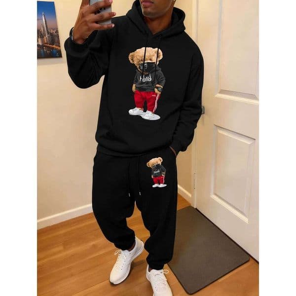 Sports Cartoon Bear Wearing Mask Print Men Fleece Pocket Hoodie Suit Jogging Casual Sweatpant Loose Street Clothes 2 Piece Set XJ260130