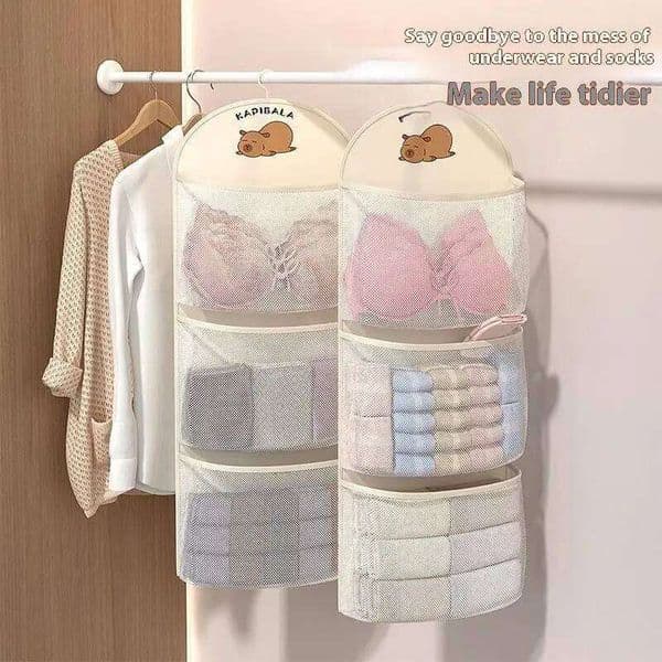 2/3Layer Large Capacity Mesh Bag with Clothes Hanger Breathable Wardrobe Organizer for Underwear Socks Garment Storage 26W0130