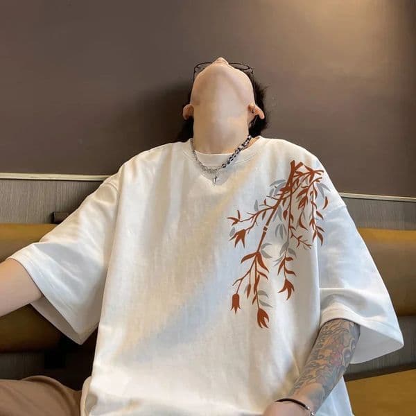 Mens Oversized Tshirts Cotton T Shirt White 5XL Casual Summer Wear Fashion Bamboo Print Tee Shirts for Men Clothing 260130