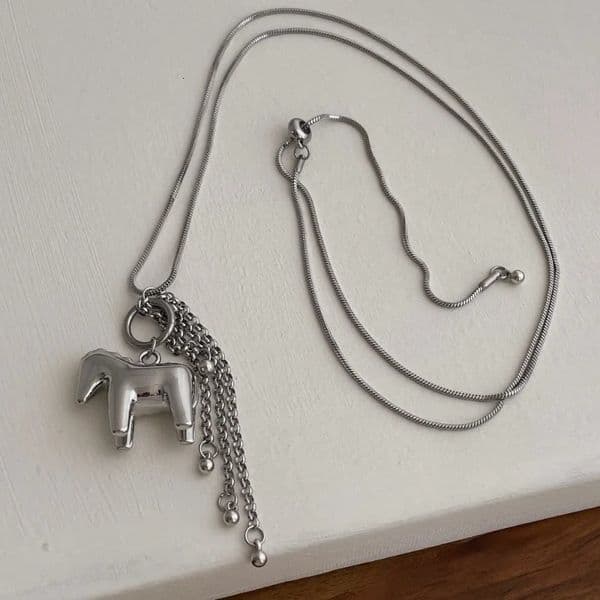 Minar INS Fashion Smooth Surface Horse Tassel Pendant Necklaces For Women Silver Plated Snake Long Sweater Chain