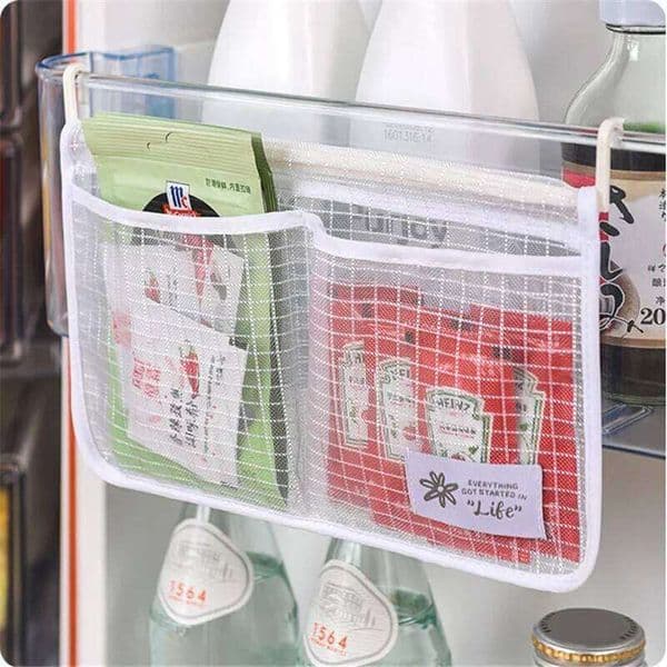 Refrigerator Storage Mesh Double Compartment Hanging Pouch Kitchen Organizer Pockets with Hook Washable Fridge Net Bag 26W0130