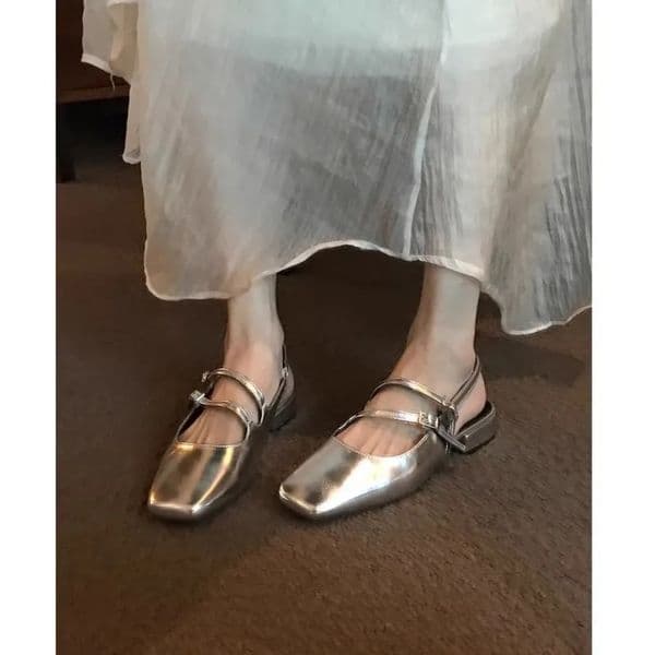 French Low-heeled Silver Mary Jane Shoes Square Toe Block Heel Sandals Women's Empty Back Sliver