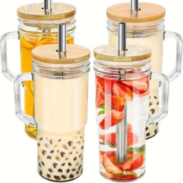 750ML Glass Wooden Lid Bubble Tea Cold Drinking Coffee Wine Juice Milk Transparent Straw Car Mug Cup Drinkware Water Bottle