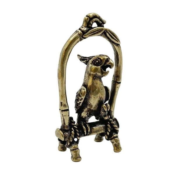 Antique Copper Crafts Cage Parrot Figurines Miniatures Desktop Ornaments Brass Animal Bird Key Chain Pendant Jewelry Decors 26H0131