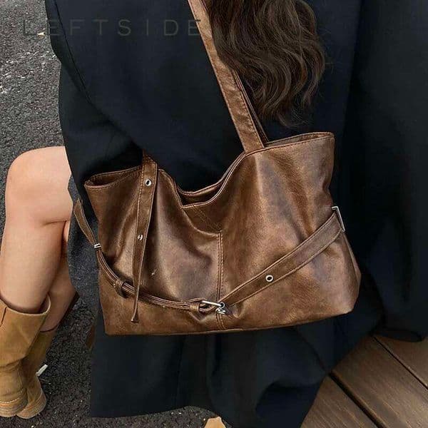 LEFTSIDE Women PU Leather Large Capacity Shoulder 2025 Winter Retro Solid Color Tote Bag Luxury Designer Female Handbags XJ260130