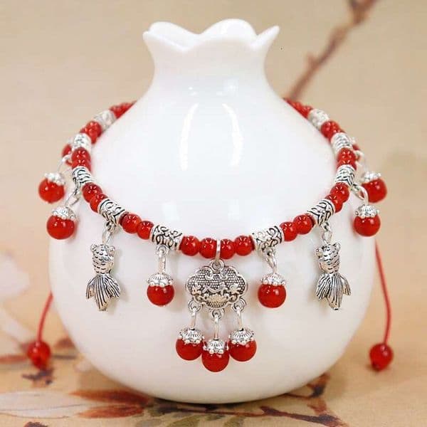 New Women's Summer String Natural Red Agate Vintage Peace Lock Tassel Bell Zodiac Year Anklet Accessories
