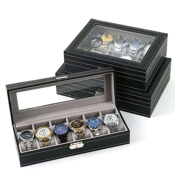 PU Leather watch box 2/3/4/5/6/8/10/12 Slots Watch Display Case Men Organizer Jewelry Storage Box With Glass Top For Gifts 26L0131
