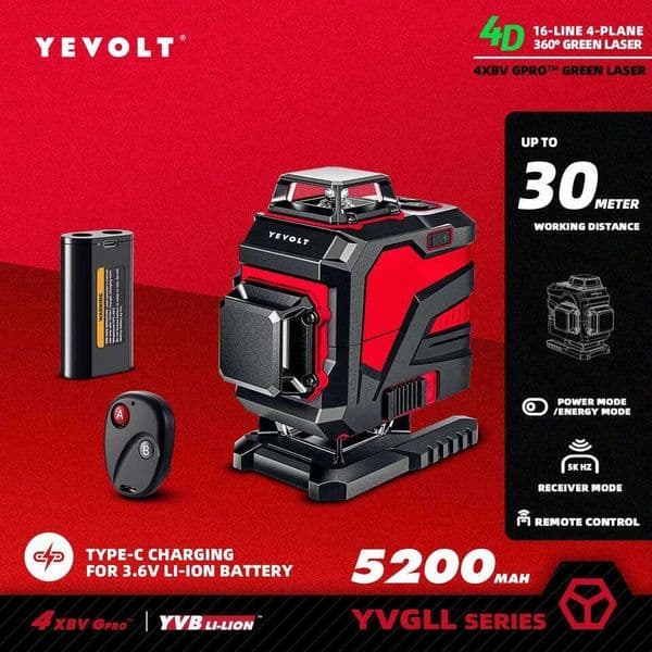 YEVOLT YVGLL4XS16 4D 36016-Line Site Laser Level Multi-Plane Self-Leveling Outdoor Paver Alignment Ultra-Precise 30m Coverage 26H0131