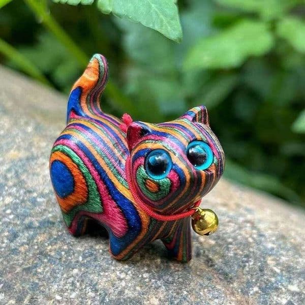 Furniture cute colorful wooden cat; desktop office supplies; rainbow carving; wood carving cat home decor gift 26H0130