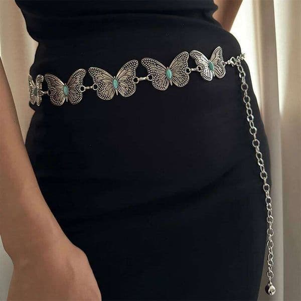 Vintage Female Waist Chain Belt Punk Y2K Sapphire Metal Belts For Women Butterfly Luxury Golden Waistband for summer Skirt Jeans H260228