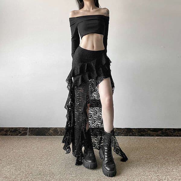 Cross-border European American style spring, autumn, and summer new women's clothing, unique design black lace wavy ruffle hem skirt