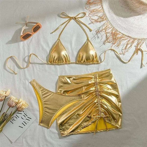 Gold Micro Thong String 3 Piece Bikini Set Damen Halter Swimwear Skirts Cover Ups Sexy Swimsuit Women 2026 Bathing Suit Bikinis Z260301
