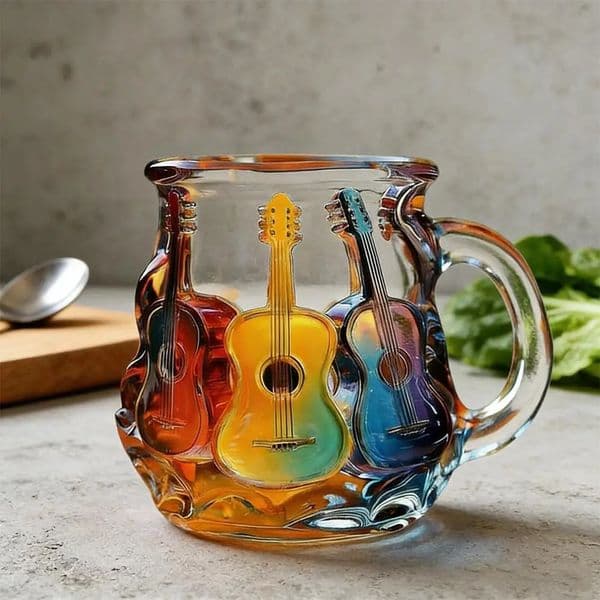 Painted Guitar Glass Cup 350ml Novelty 3d Coffee Mug Unique Colorful Stack Collection Gifts 260228BJ