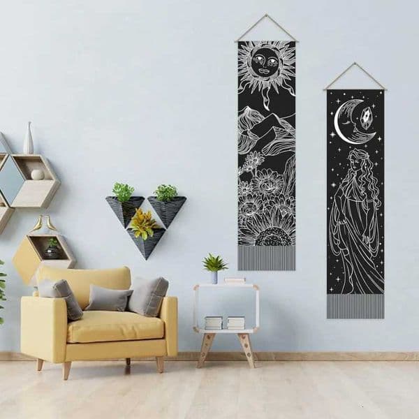 VIKAMA Sun Moon and Stars Double Tapestry Sun Moonand Zodiac Elements BedroomLiving Room and Entryway Decorative Backdrop S260228