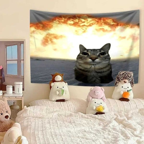 Funny Cat Meme Tapestry Kawaii Animal Home Decor Wall Hanging Covering Cloth Bedroom Dorm Background Festival Gift S260228