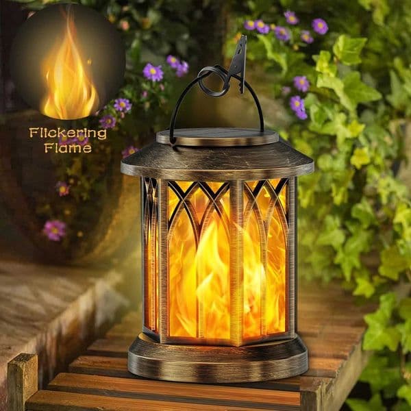 2 Pack Upgraded Flickering Flame Solar Lanterns Lights Outdoor Solar Hanging Lights Outdoor for Garden Bronze/Black X260302