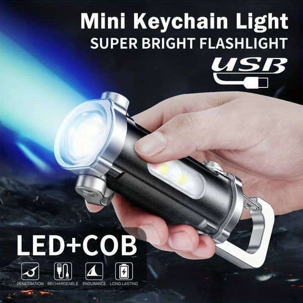 Mini Keychain Flashlight Rechargeable Pocket COB Working Outdoor Hook Emergency Warning Light for Camping Walking Hiking Z260301