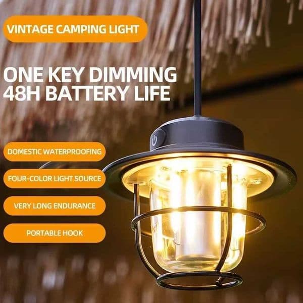 LED Camping Lamp Retro Hanging Lamp Portable Stepless Dimming Camping Light Waterproof Rechargeable Outdoor Light Lantern X260302