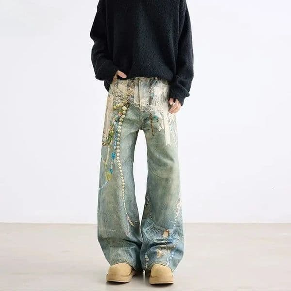 Mens Large Size American Retro 3D Digital Print Lace Curved Knife Jeans Versatile Men Autumn Street Casual Loose Trendy 260228