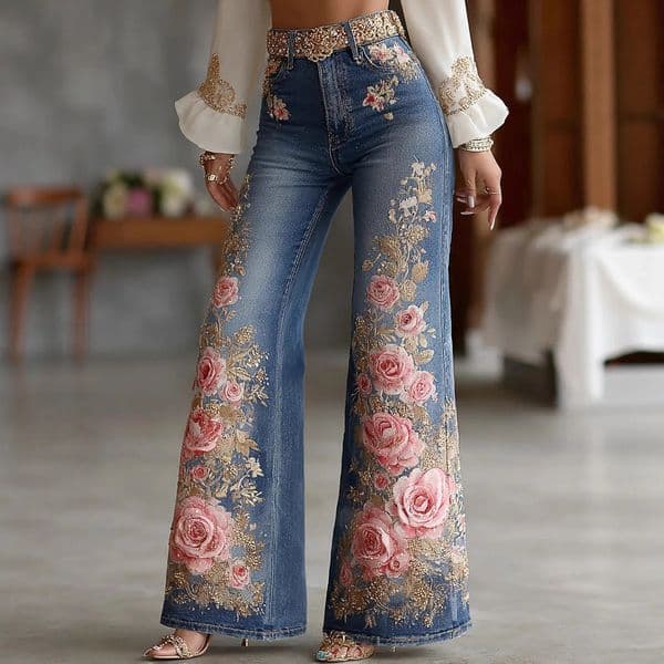 3D Printed Jeans for Womens Flare Denim Pant High Waist Elegant Vintage Casual Street Slim Pockets Plus Size 260228