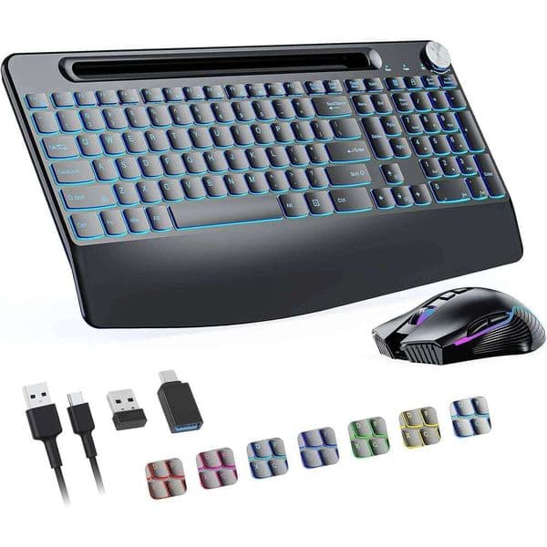 2.4G Set,Backlit Wireless Keyboard Combo,Rechargeable,with Phone Holder &Wrist Rest &jiggler Mouse 26L0302