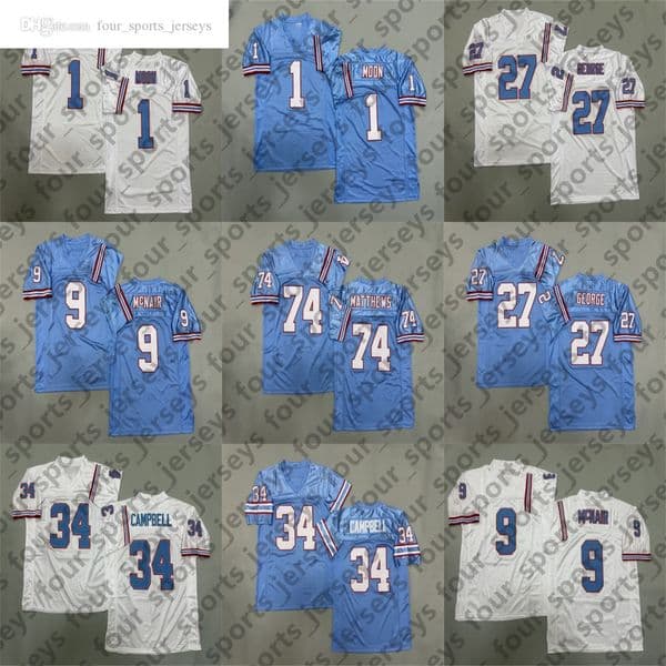 Retro Vintage Football Jersey 1 Warren Moon 9 Steve McNair 27 Eddie George 34 Earl Campbell 74 Bruce Matthews