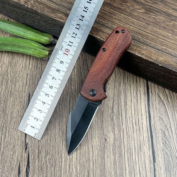 Customized Pocket Knife With Black Blade And Stainless Steel Wooden Handle Outdoor Tool Non-Slip Foldable For Camping Outdoor Equipment