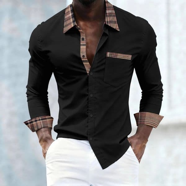 SpringAutumn Mens Style Business Casual Fashion Party Shirt with Collar Patchwork and Pocketed Long Sleeve Top 260302