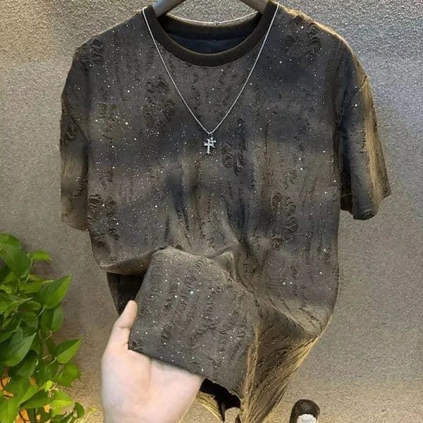 Summer Tear Men Clothing Rhinestone Rivet Tshirt Round Neck Casual Korean Version Mens Short Sleeves Tee 260302BJ