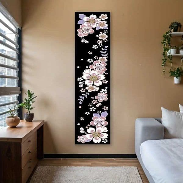 Japanese Cherry Blossom Vertical Banner Tapestry Pink Floral On Black Long Narrow Wall Hanging For Bedroom Living Room Decor S260228