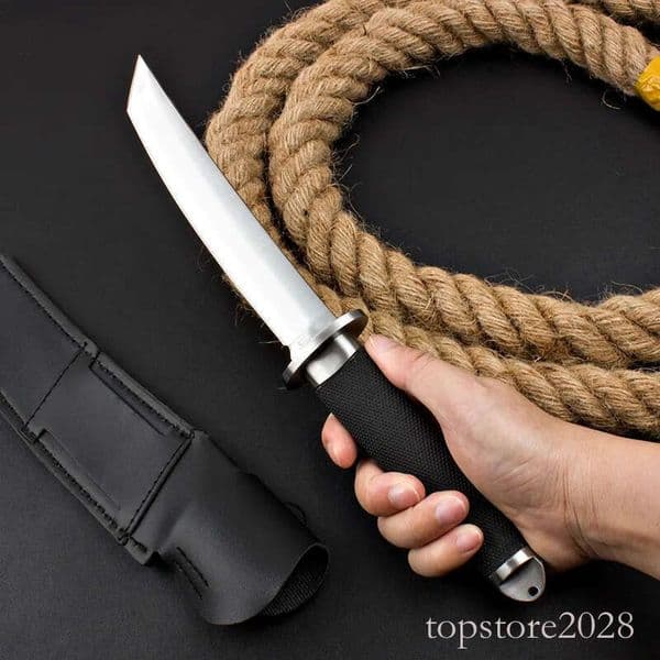 High Quality Outdoor Fixed Tactical Knife 440C Satin Tanto Point Blade Rubber Plastic Handle Straight Knives with Leather Sheath
