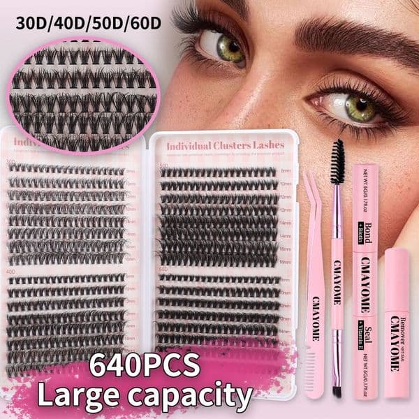 640Pcs DIY Cluster Lashes Kit Thick Fluffy False Eyelashes D Curling Individual Eyelashes Grafted Lashes with Lash Bond and Seal Remover Eyelash Extensions