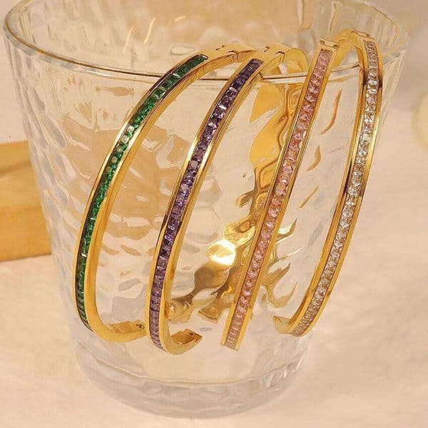 High Quality Gold Plated Stainless Steel Colorful Crystal Cz Baguette Wrist Bracelet Bangle Jewelry For Women XJ260302