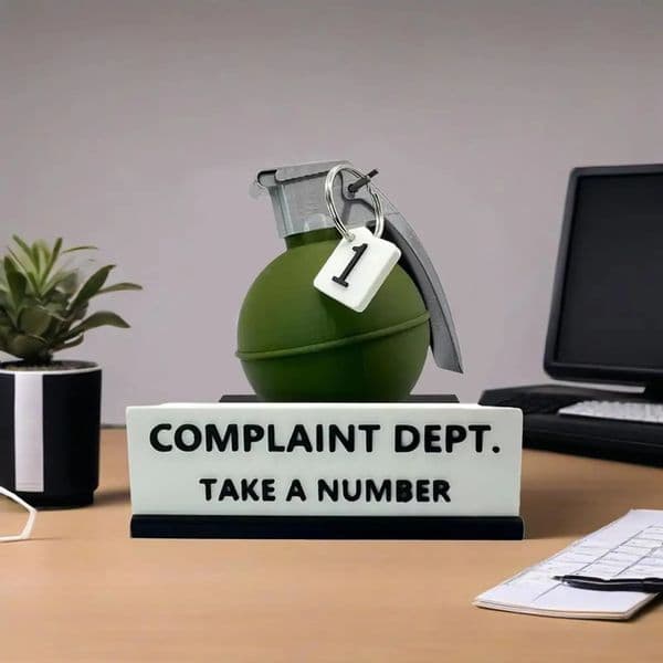 1 Piece Complaint Department Desk Sign 3D Printed Prank Gift Funny Grenade Decoration Office Ornament for Coll 260228
