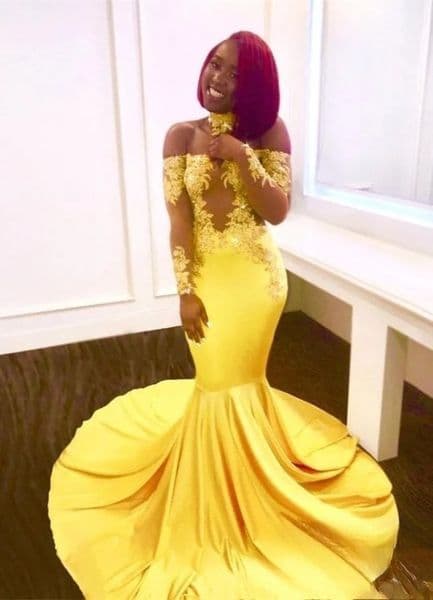 New Yellow African Dubai Pleats Prom Dresses Long Sleeves Off Shoulder Pleats Appliques Satin Backless Formal Evening Gowns Dress Wear F15