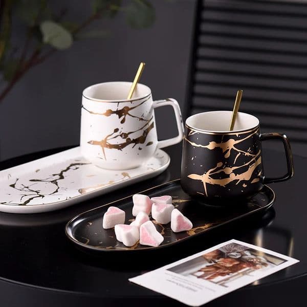 Nordic marbled Ceramic Milk Mug coffee cup and creative saucer set Breakfast Plate Porcelain Marble Saucer One Person Set 260228
