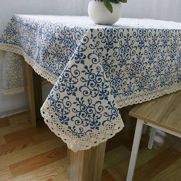 Blue Cloths Retro Chinese Porcelain Printed Cotton Linen Tablecloths Round Table Cover Washable with Lace Edges Home Decor 26L0302