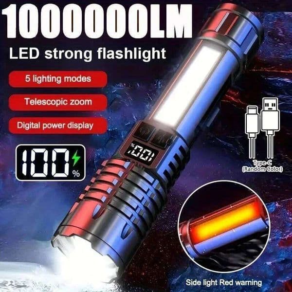 High Power LED Powerful TYPE-C Rechargeable COB Flashlight With Side Light Torch For Outdoor Camping Hiking Z260301