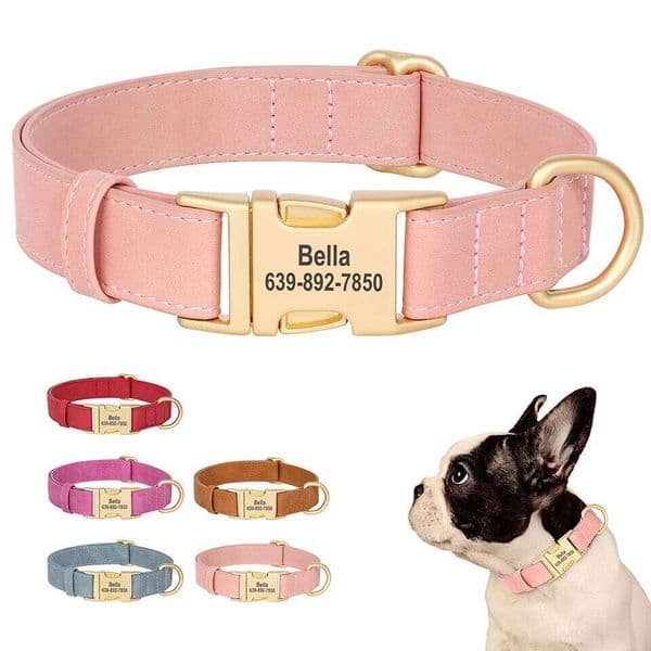 Custom Dog Collar PU Leather Collars Personalized Pet Necklace Adjustable for Small Medium Large Dogs Bulldog Pug Pink 26Y0302