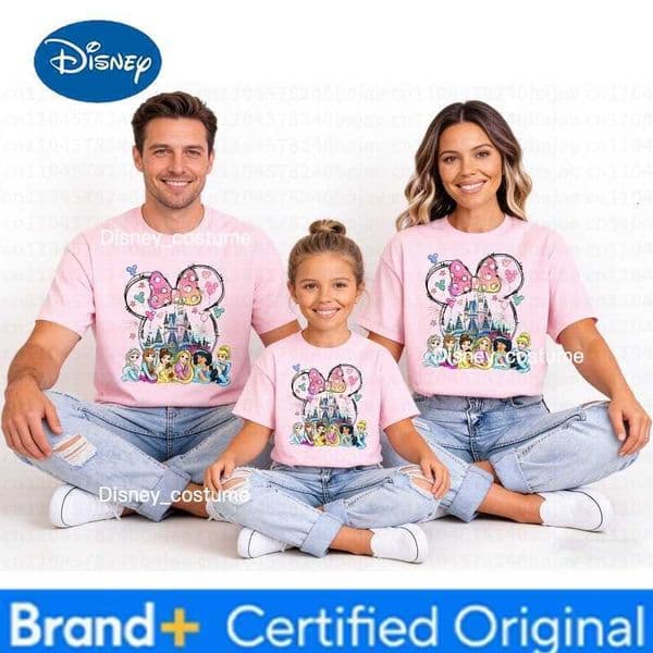 Disney 2026 Summer Princess Cotton Printed T Shirt Watercolor Magic Castle Princess Women Short Sleeves Crew Neck Clothes H260302