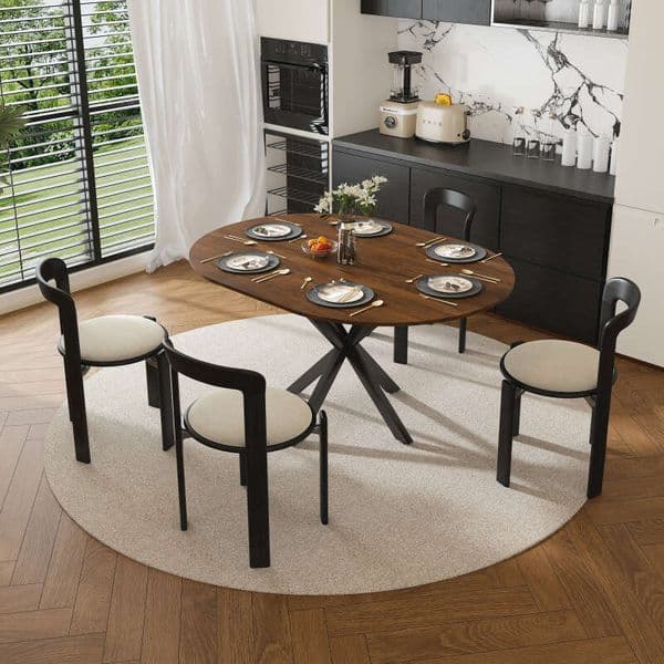 Retractable round extendable table, 6-person carbon steel base, modern and simple solid wood veneer dining room furniture 42 extended to 58 inches