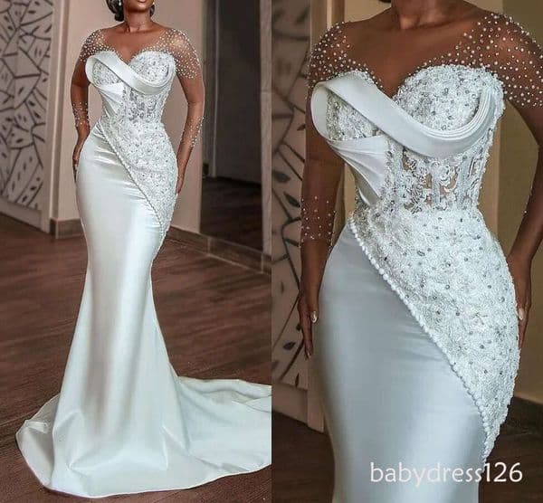 Beautiful African Arabic Mermaid Wedding Dresses Sheer Long Sleeves Appliques Beads Pearls Bridal Gowns Satin Robe de maraige F26BC20676