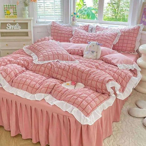 WOSTAR Pink pinch pleat duvet couple 2 people luxury double bed bedding four-piece set 220x240 quilt cover queen king size W260302