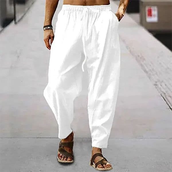 Men Cotton Linen Pants Summer and Autumn Solid High Waist Wide-Leg Trousers Male Loose Hemp Casual Breathable Sports Pants260227BJ